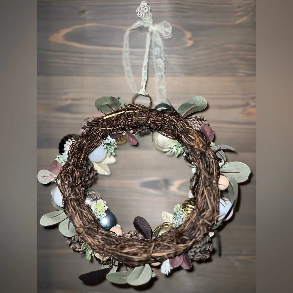 COPY - New Festive Holiday Wreath Silver, Gold, & dusty blue handmade